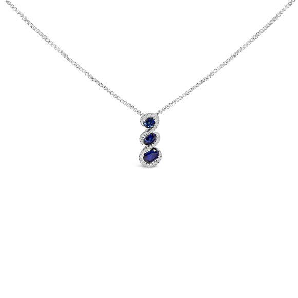 .925 Sterling Silver Created Blue and White Sapphire 3 Stone Swirl Pendant